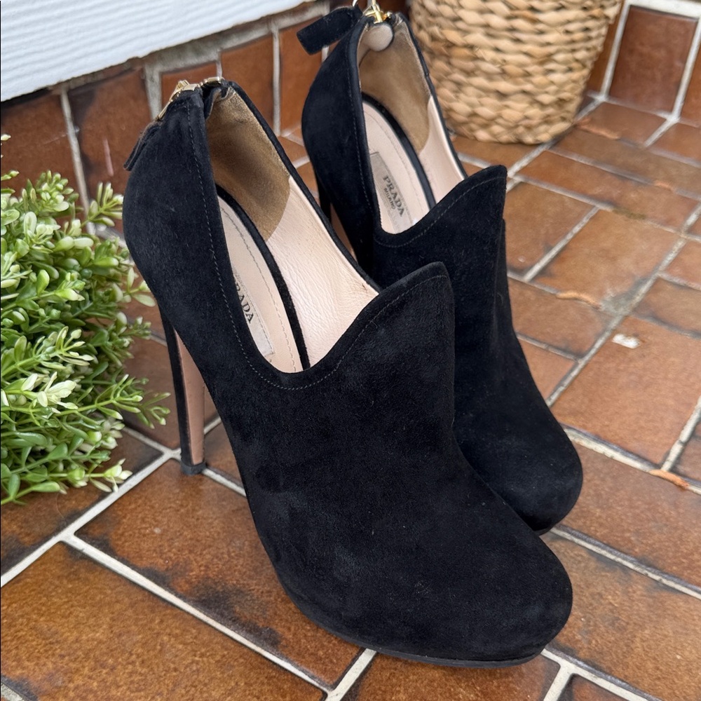 Prada Black Suede High Heel Ankle Booties - Women